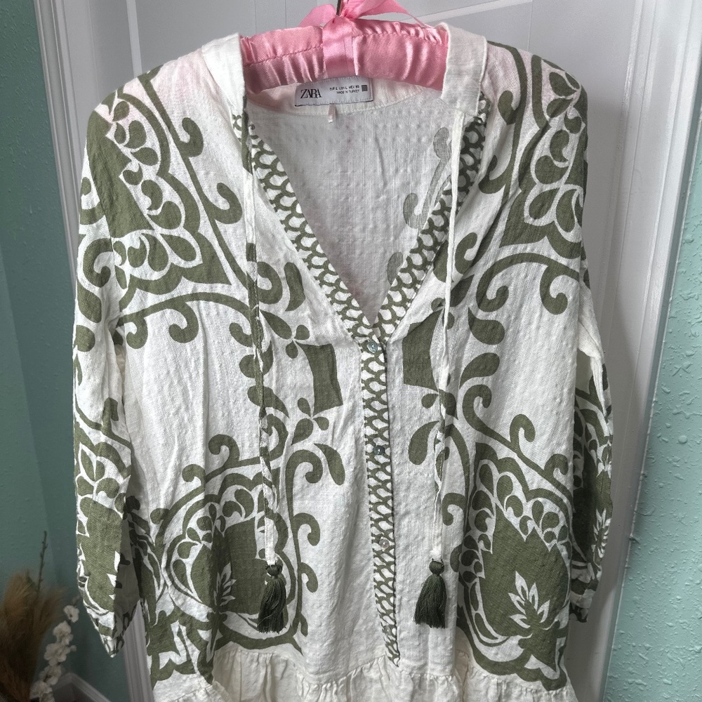 Zara Ecru & Khaki Rustic Printed Mini Dress L